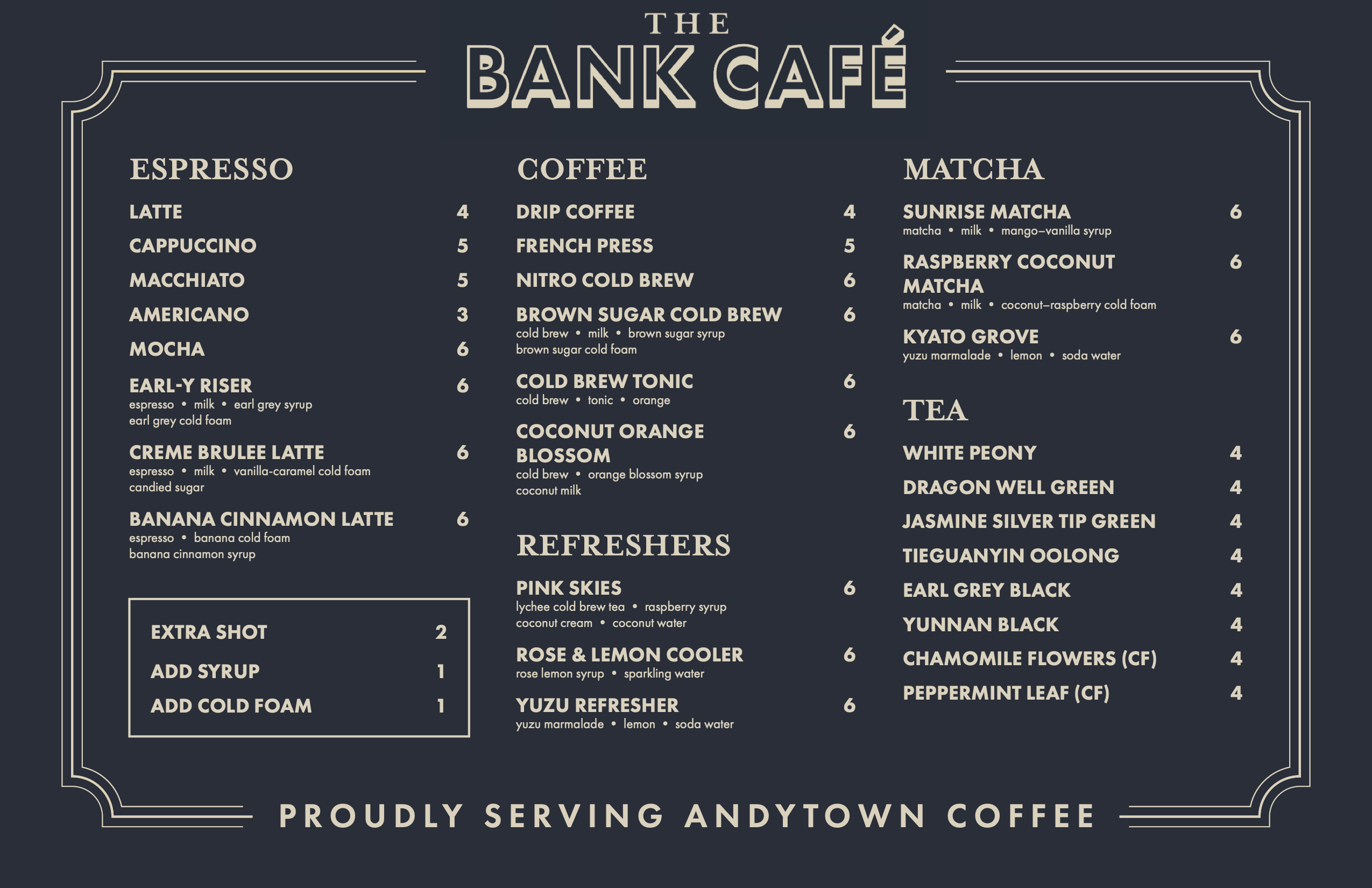 The Bank Café menu featuring espresso, coffee, matcha, tea, and refreshers